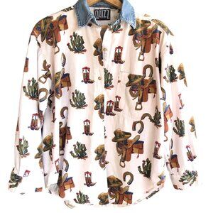 Quizz New York Western Style Button-Down Shirt Cowboy Print Denim Collar, Size M